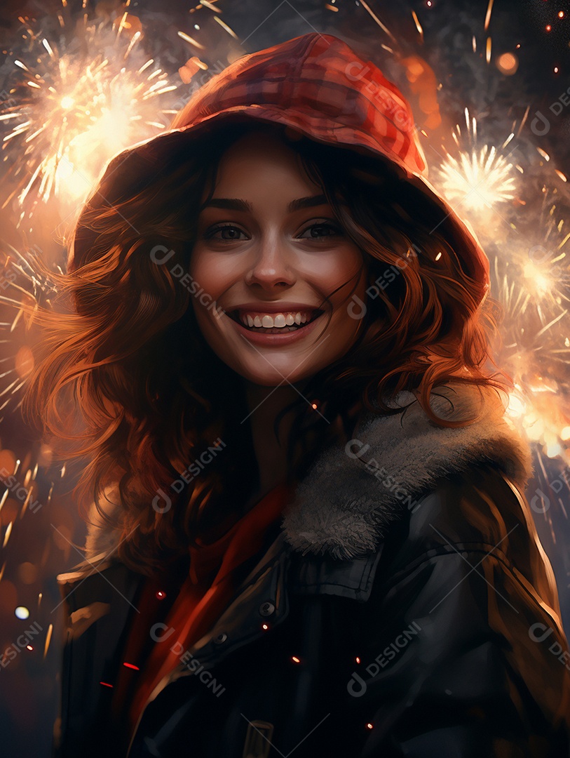 Linda mulher sorridente sobre fogos de artifícios