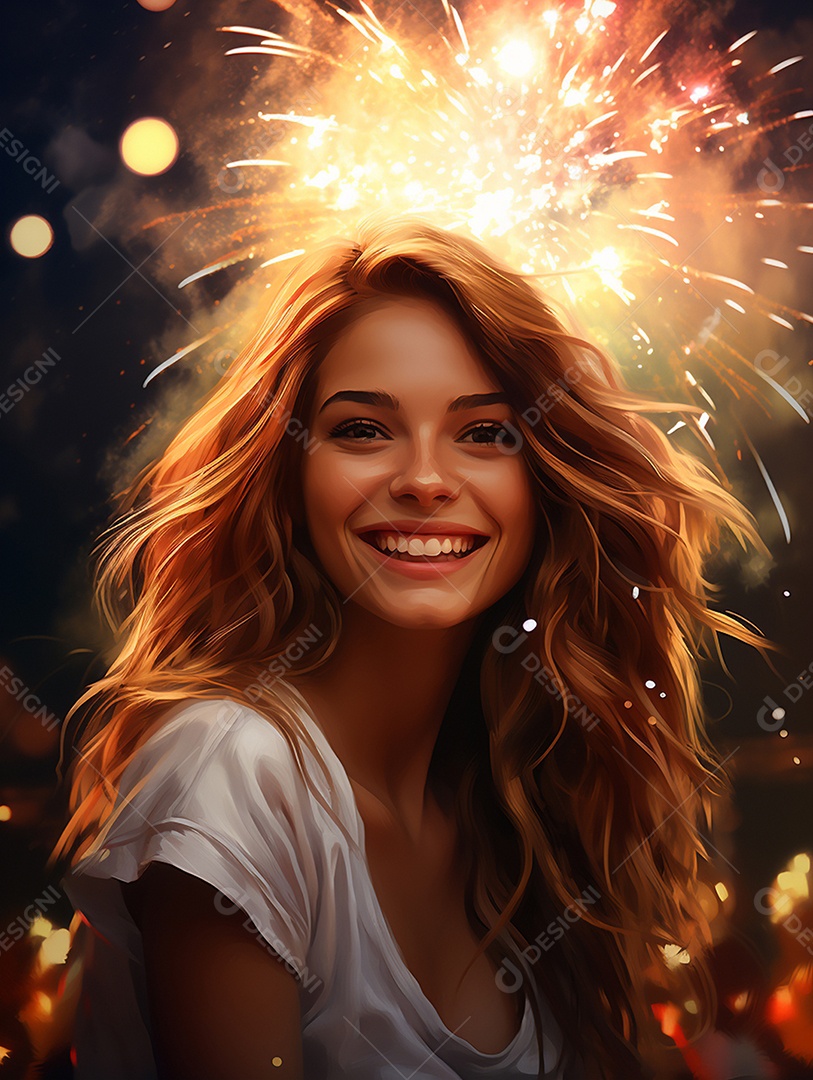 Linda mulher sorridente sobre fogos de artifícios