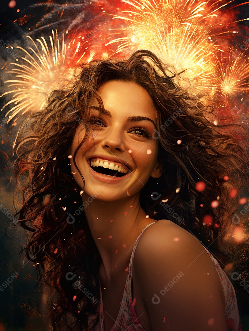 Linda mulher sorridente sobre fogos de artifícios