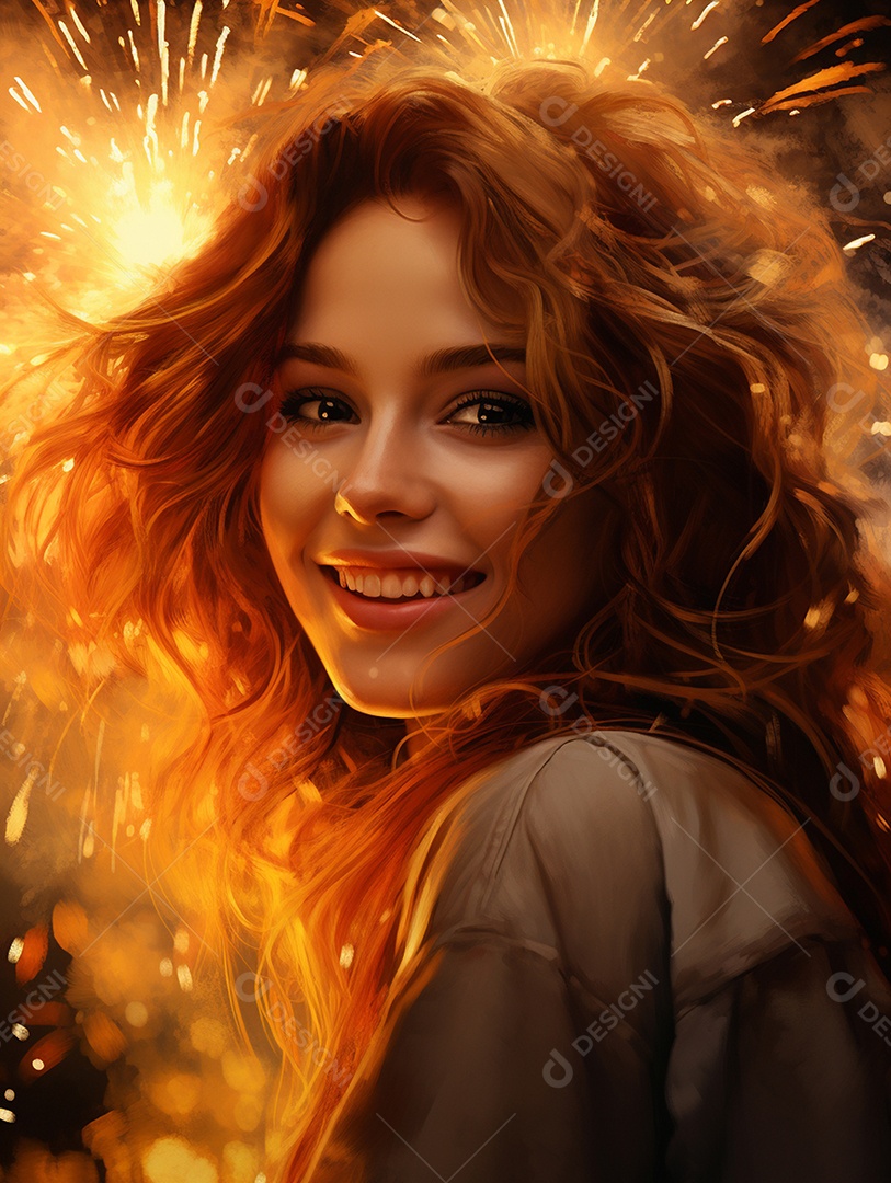 Linda mulher sorridente sobre fogos de artifícios