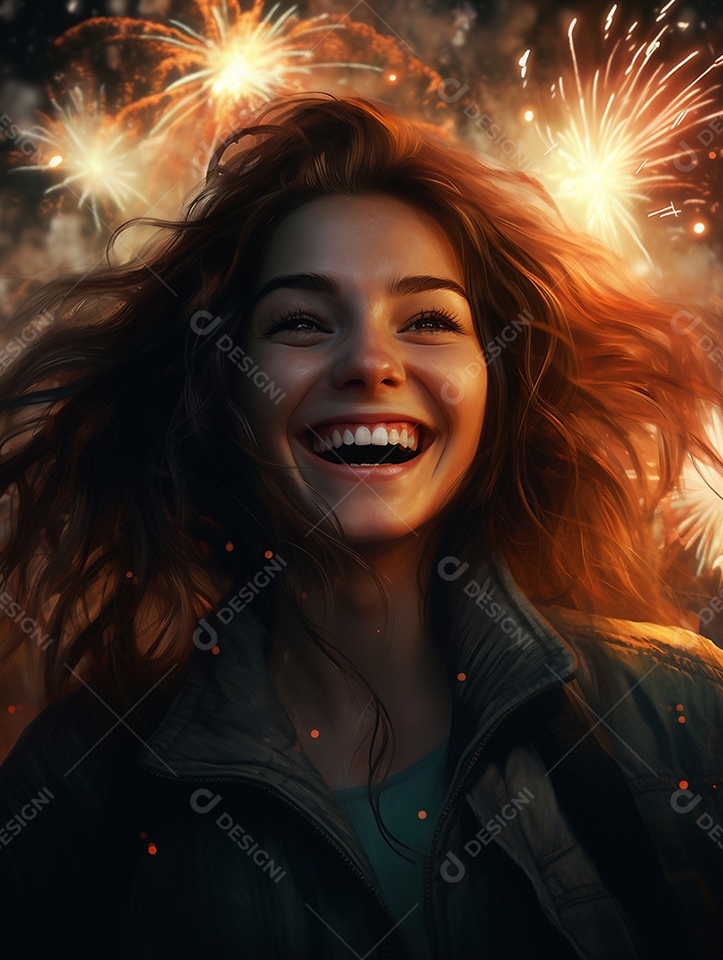 Linda mulher sorridente sobre fogos de artifícios