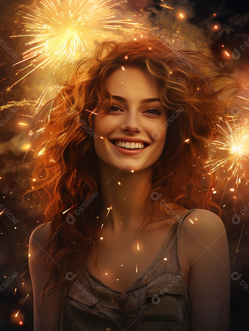 Linda mulher sorridente sobre fogos de artifícios