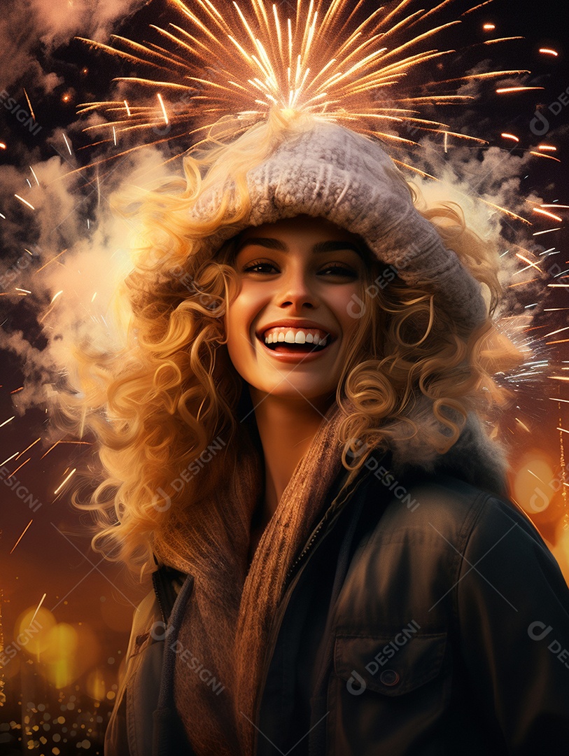 Linda mulher sorridente sobre fogos de artifícios