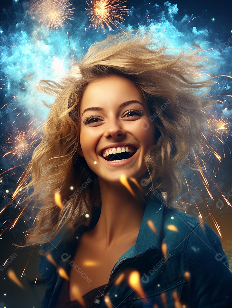 Linda mulher sorridente sobre fogos de artifícios