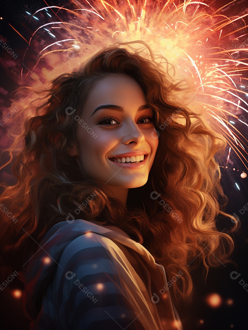 Linda mulher sorridente sobre fogos de artifícios