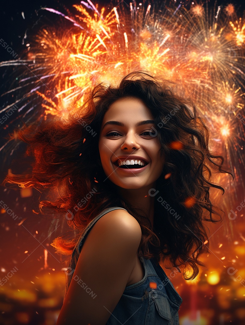 Linda mulher sorridente sobre fogos de artifícios