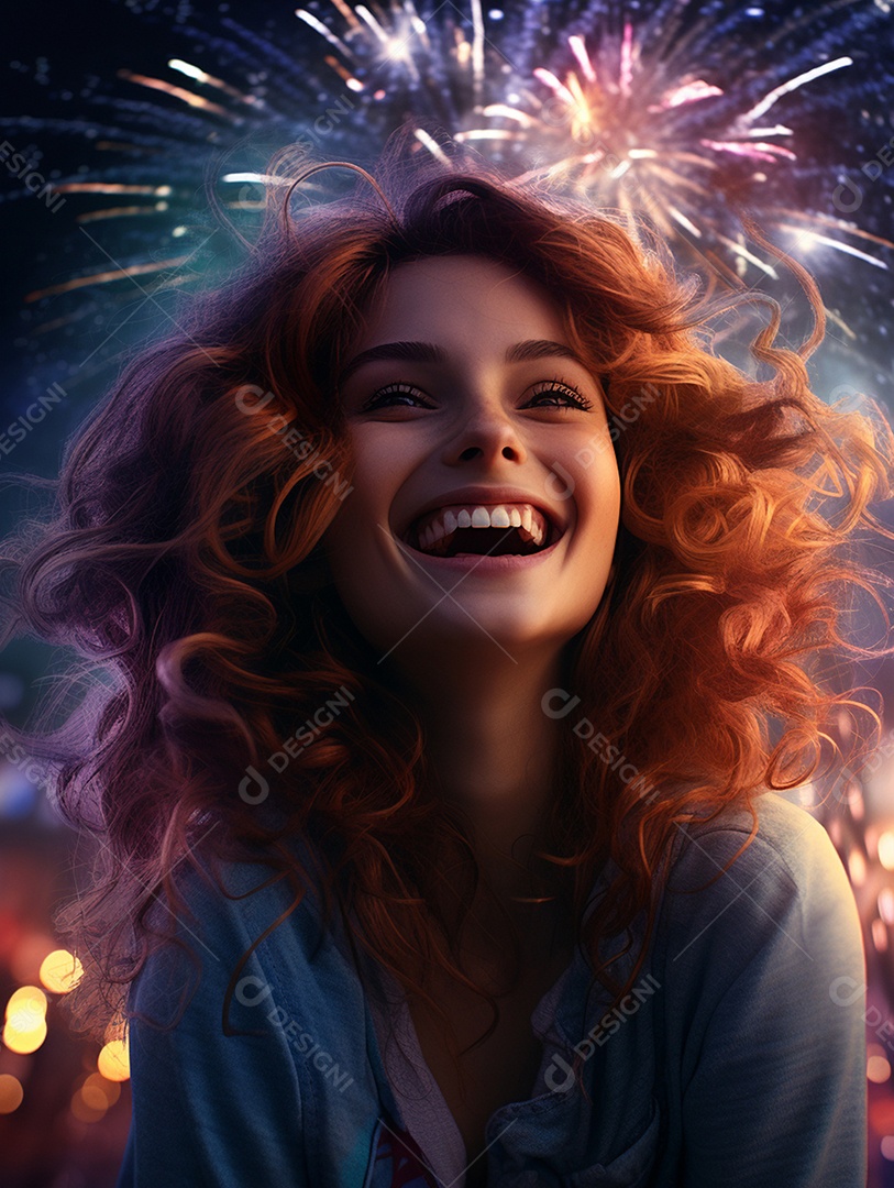 Linda mulher sorridente sobre fogos de artifícios