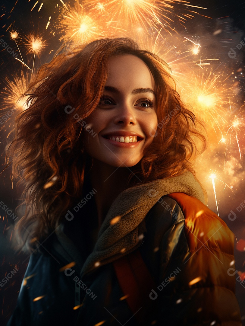 Linda mulher sorridente sobre fogos de artifícios