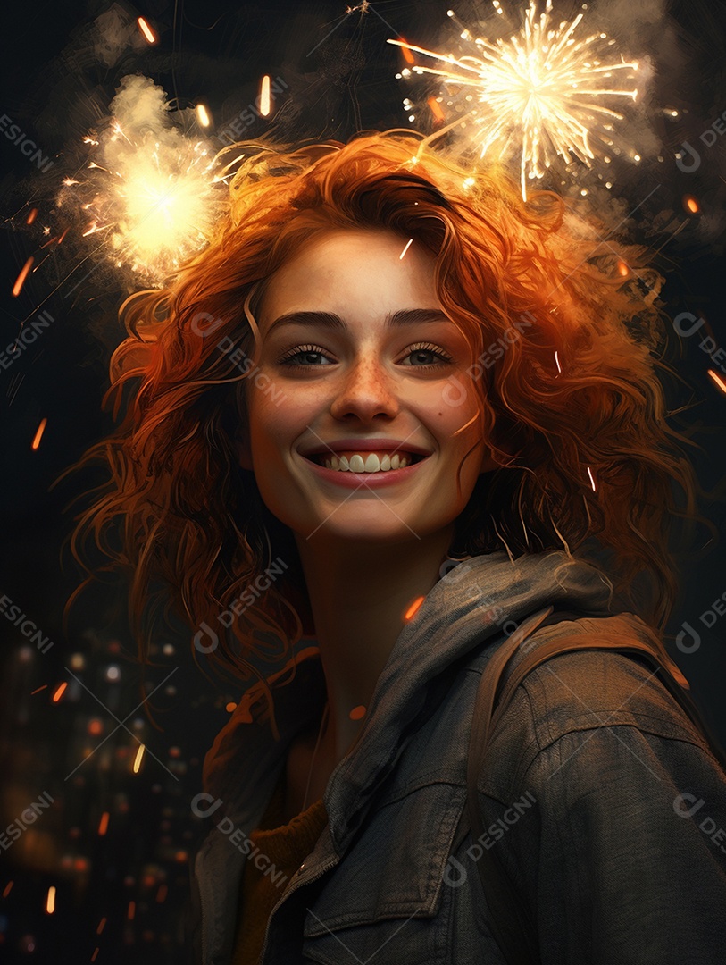 Linda mulher sorridente sobre fogos de artifícios