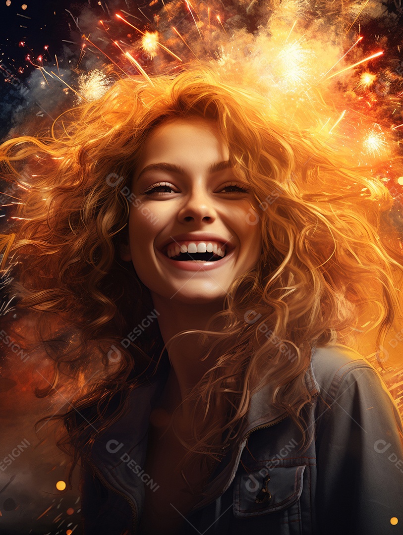 Linda mulher sorridente sobre fogos de artifícios