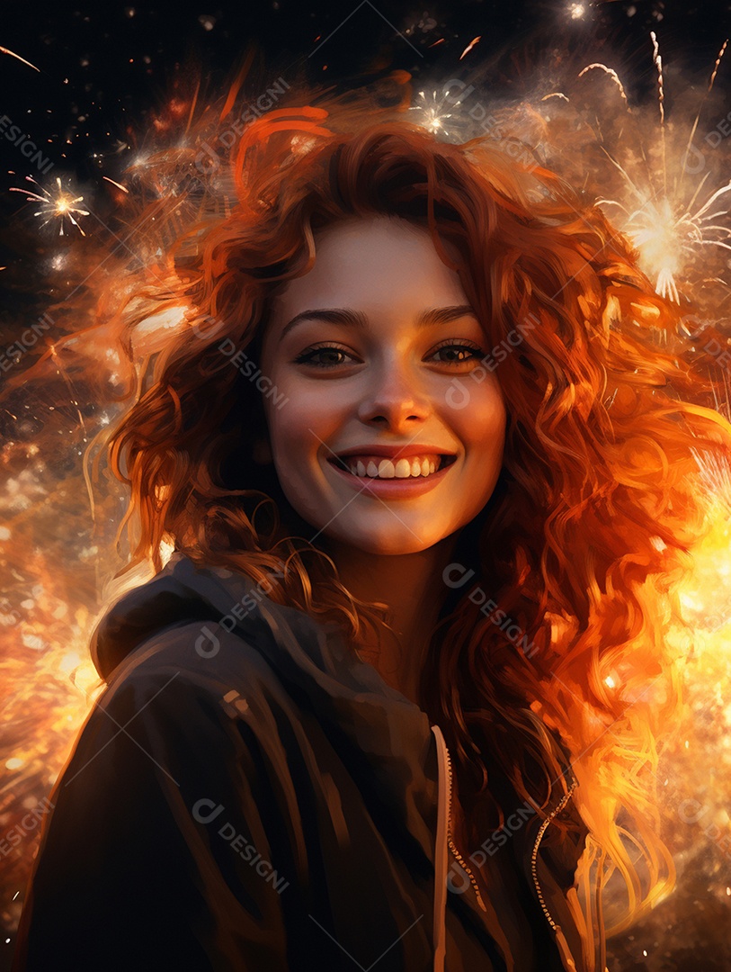 Linda mulher sorridente sobre fogos de artifícios