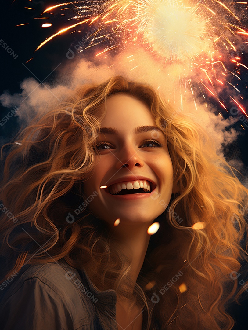 Linda mulher sorridente sobre fogos de artifícios