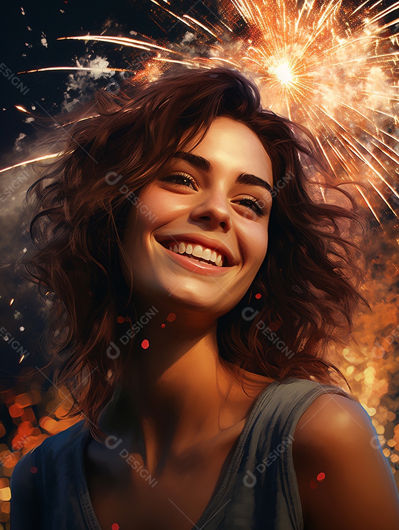 Linda mulher sorridente sobre fogos de artifícios