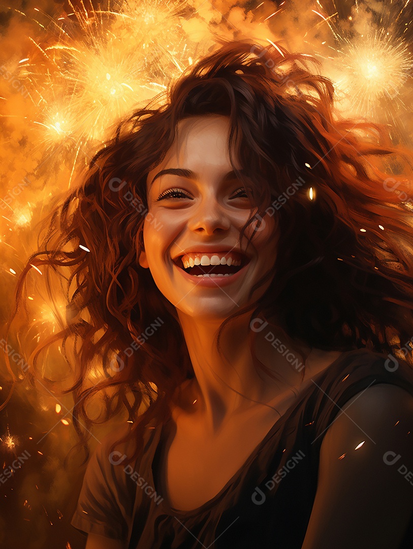 Linda mulher sorridente sobre fogos de artifícios