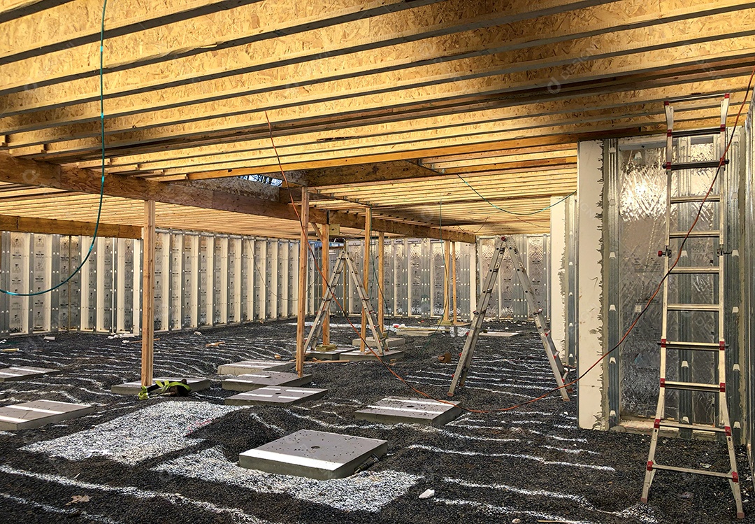 Construção de estrutura de madeira colocando viga de metal