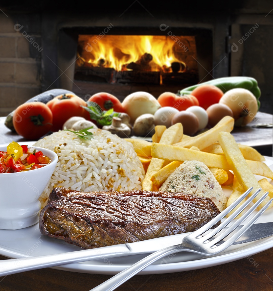 Arroz com bife assado batatas fritas e vinagrete