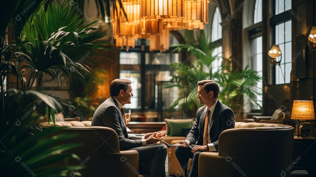 Duas pessoas de negócios discutindo trabalho durante uma reunião