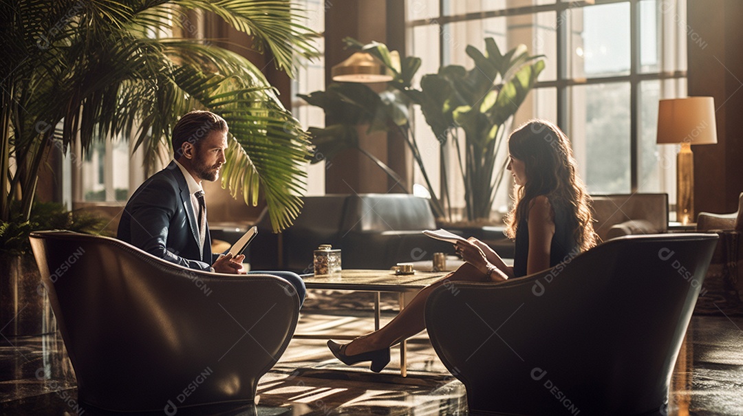 Duas pessoas de negócios discutindo trabalho durante uma reunião