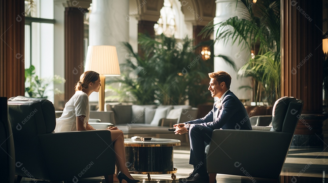 Duas pessoas de negócios discutindo trabalho durante uma reunião