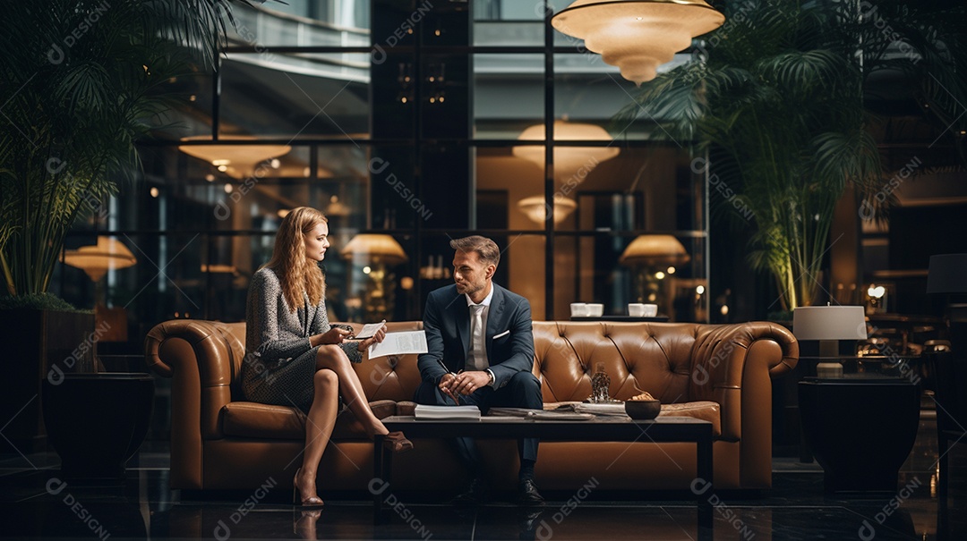 Duas pessoas de negócios discutindo trabalho durante uma reunião