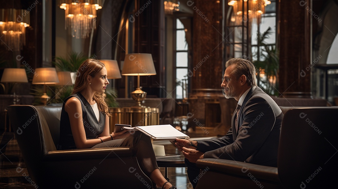 Duas pessoas de negócios discutindo trabalho durante uma reunião