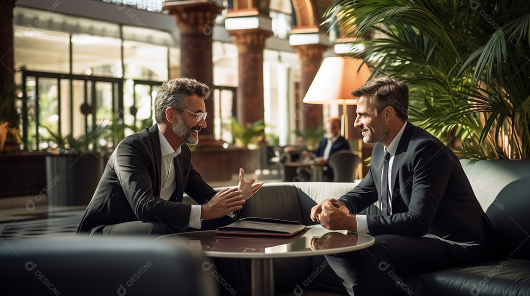Duas pessoas de negócios discutindo trabalho durante uma reunião