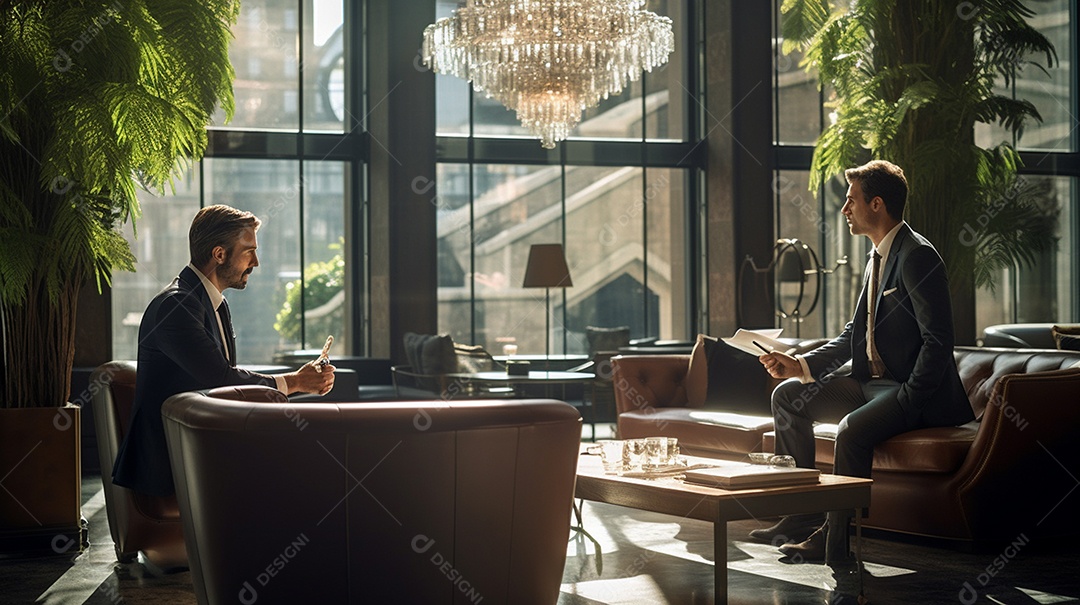 Duas pessoas de negócios discutindo trabalho durante uma reunião
