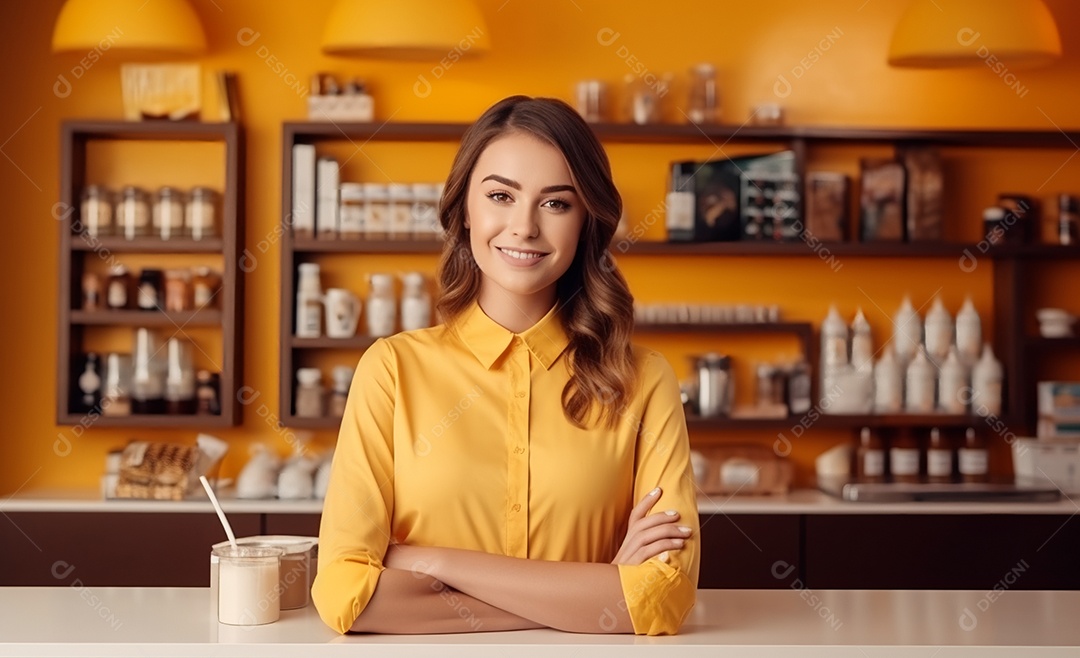 Linda mulher trabalhando na cafeteria