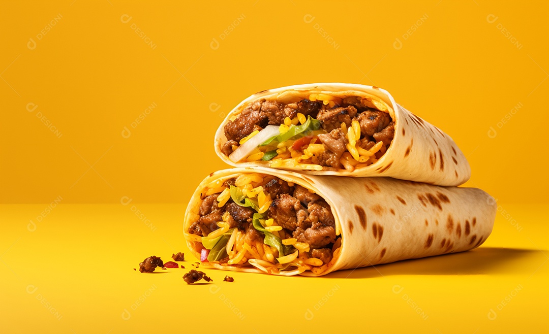 Delicioso burrito de carne sobre fundo amarelo