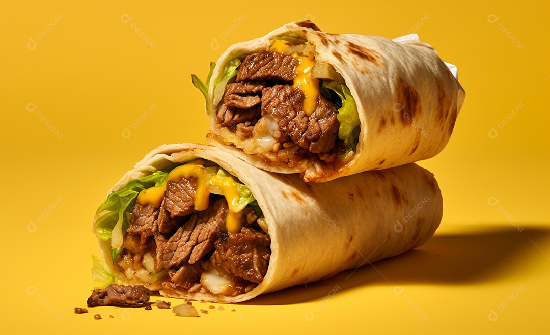Delicioso burrito de carne sobre fundo amarelo