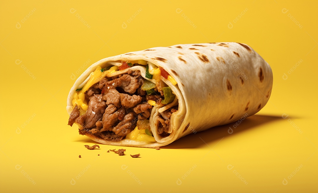 Delicioso burrito de carne sobre fundo amarelo