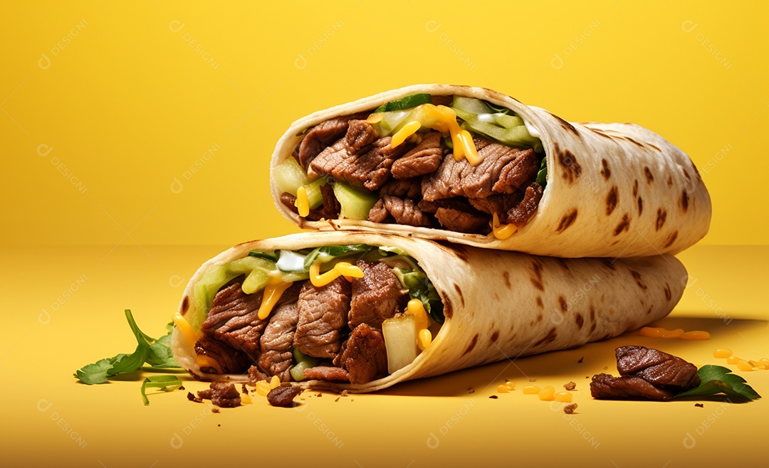 Delicioso burrito de carne sobre fundo amarelo