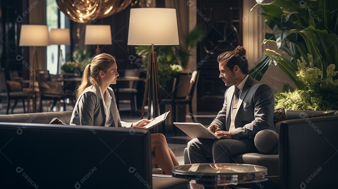 Duas pessoas de negócios discutindo trabalho durante uma reunião