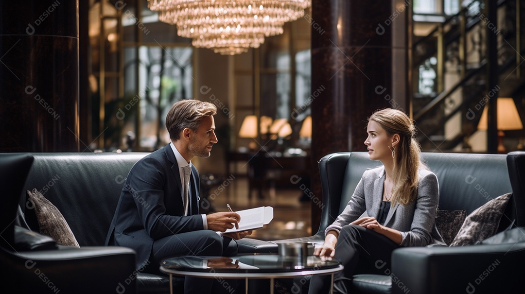 Duas pessoas de negócios discutindo trabalho durante uma reunião