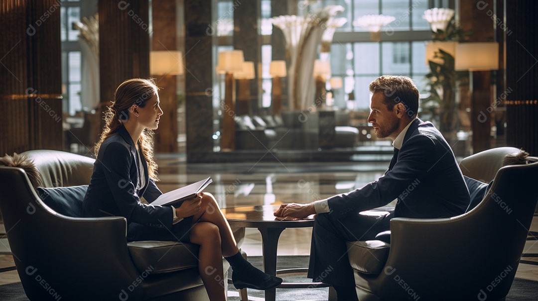 Duas pessoas de negócios discutindo trabalho durante uma reunião