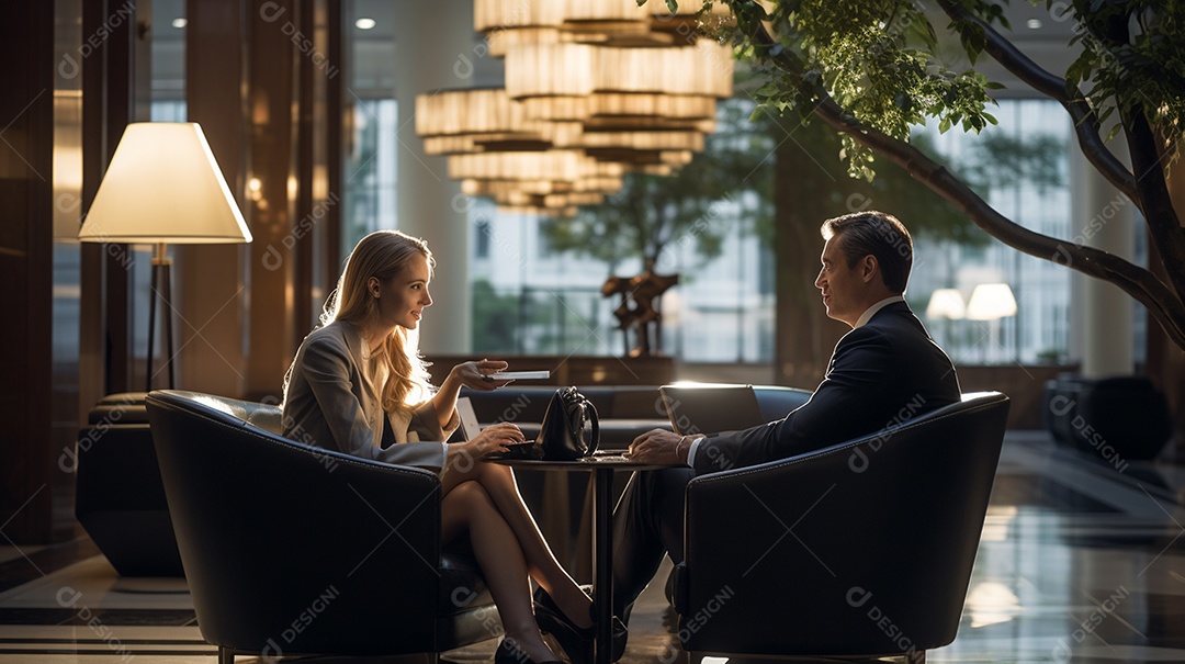 Duas pessoas de negócios discutindo trabalho durante uma reunião