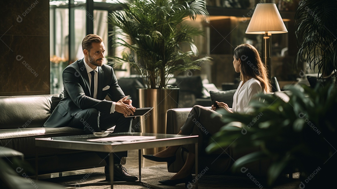 Duas pessoas de negócios discutindo trabalho durante uma reunião