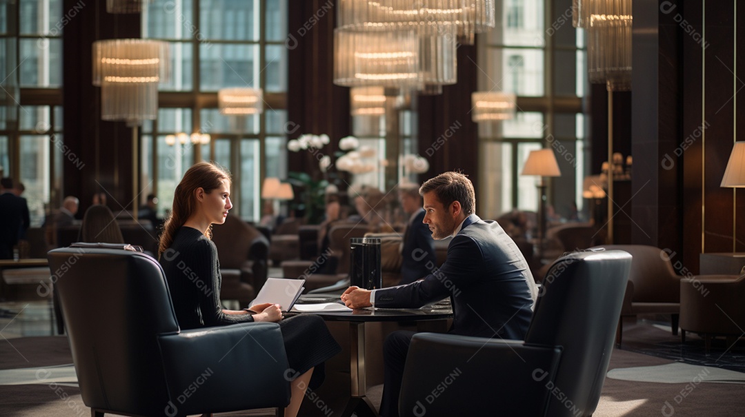 Duas pessoas de negócios discutindo trabalho durante uma reunião