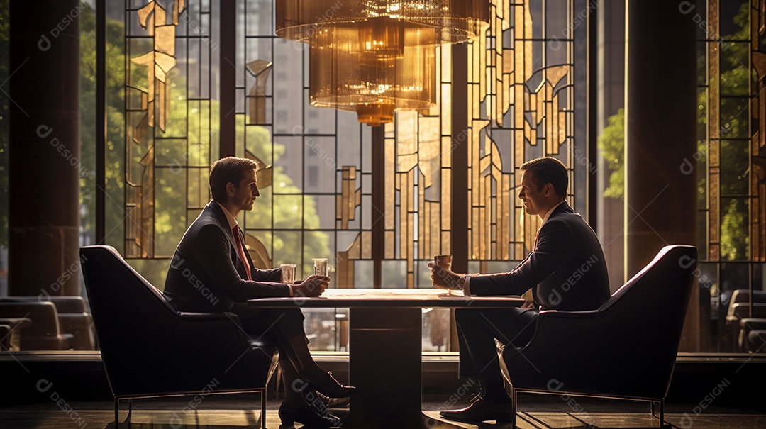 Duas pessoas de negócios discutindo trabalho durante uma reunião