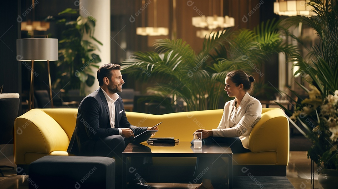 Duas pessoas de negócios discutindo trabalho durante uma reunião