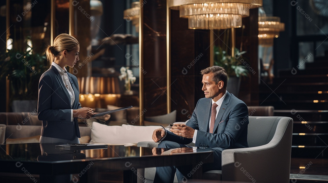 Duas pessoas de negócios discutindo trabalho durante uma reunião