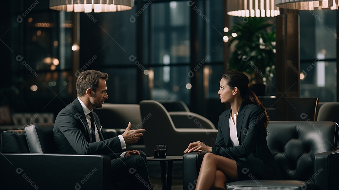 Duas pessoas de negócios discutindo trabalho durante uma reunião