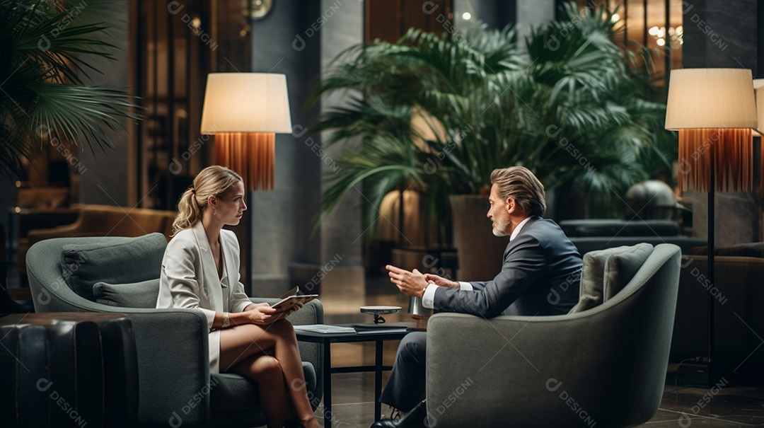 Duas pessoas de negócios discutindo trabalho durante uma reunião