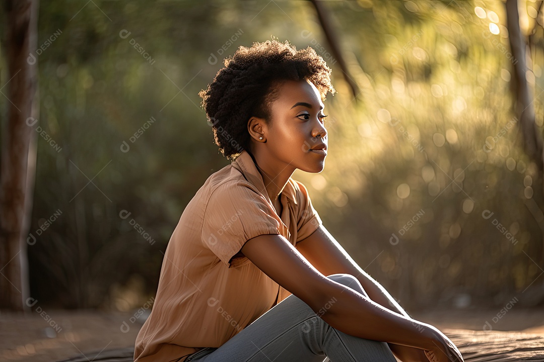 Mulher africana elegante relaxando ao ar livre.