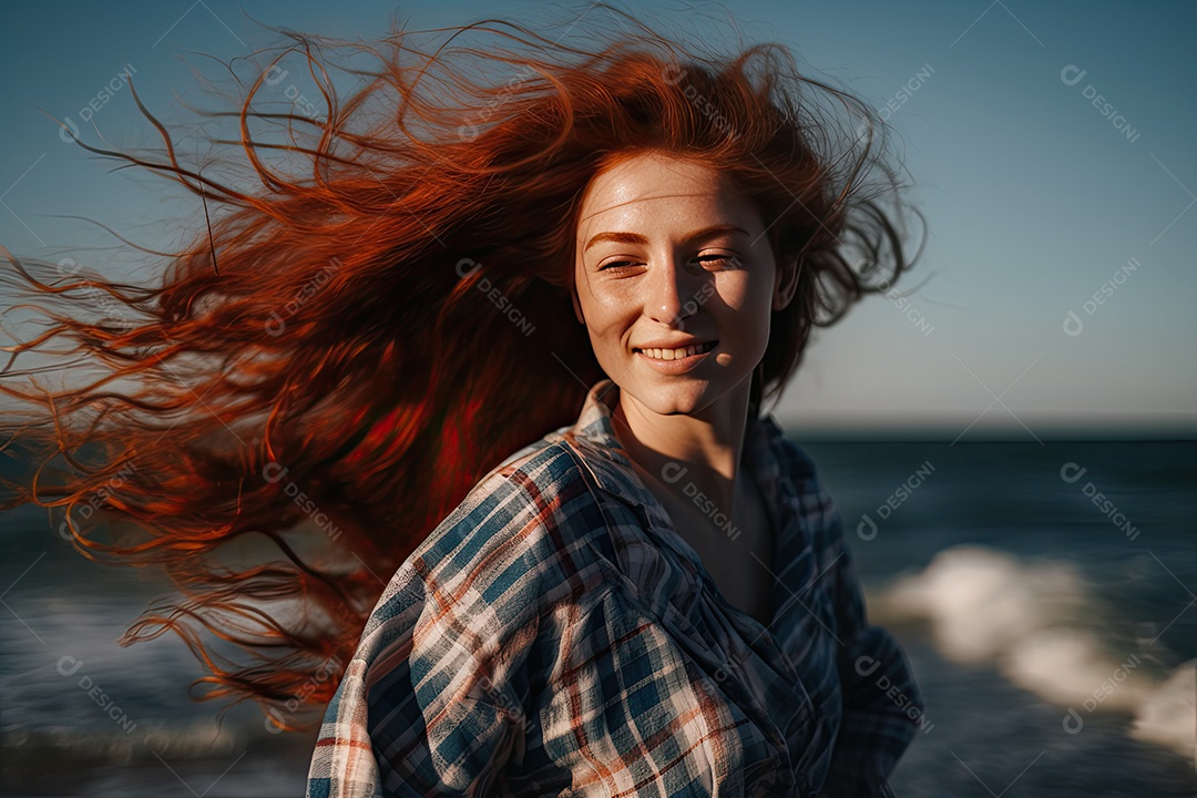 Uma linda mulher ruiva com cabelos esvoaçantes dança