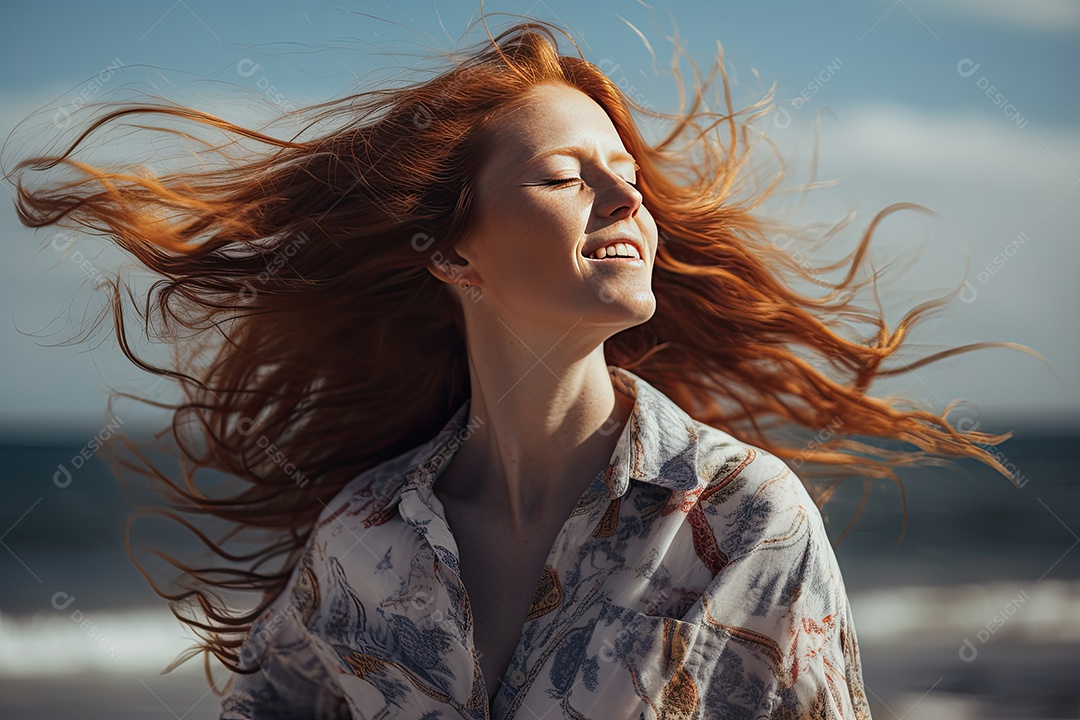 Uma linda mulher ruiva com cabelos esvoaçantes dança