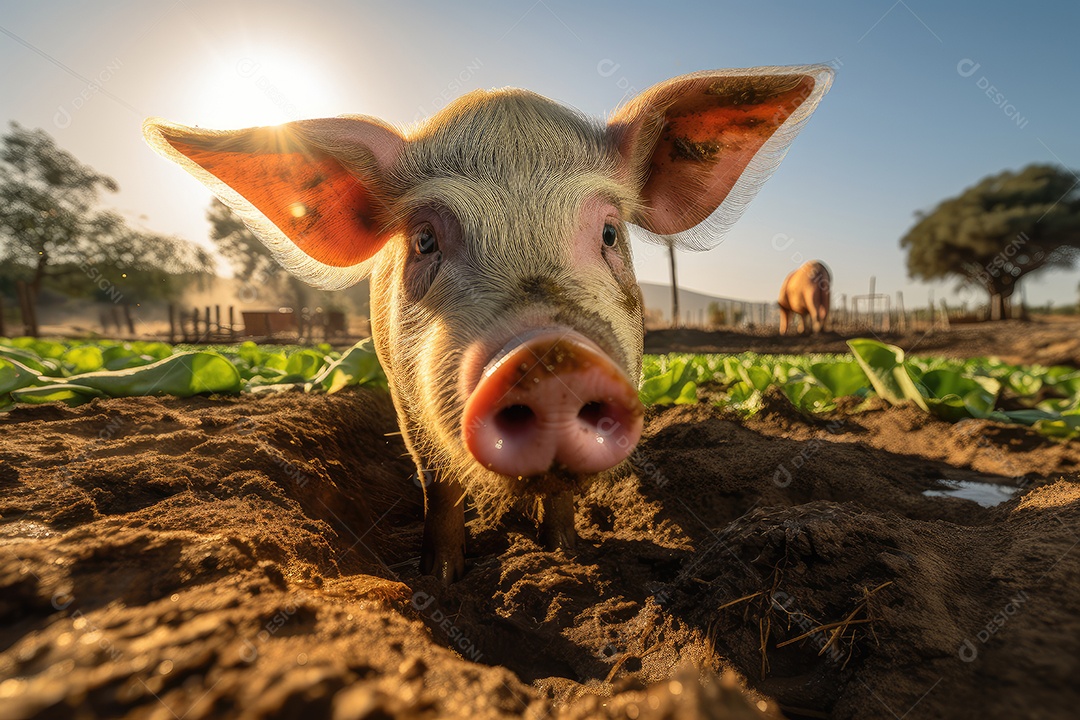 Um porco rosa gordo retratado em close desfrutando de uma suculenta