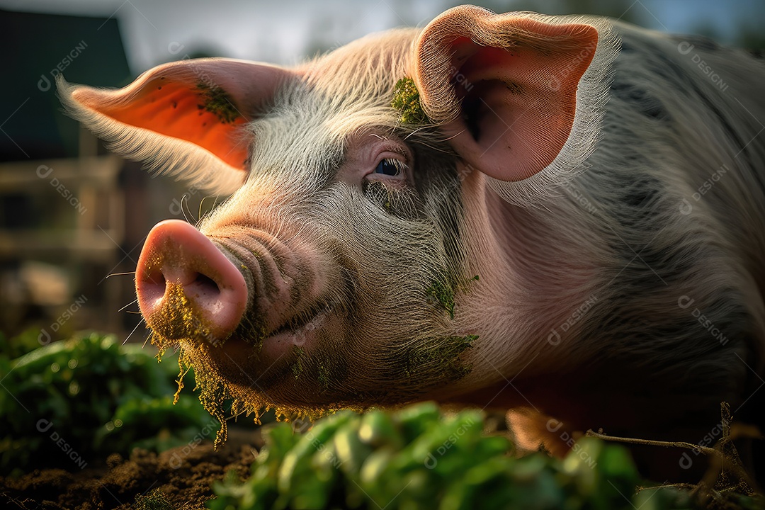 Um porco rosa gordo retratado em close desfrutando de uma suculenta