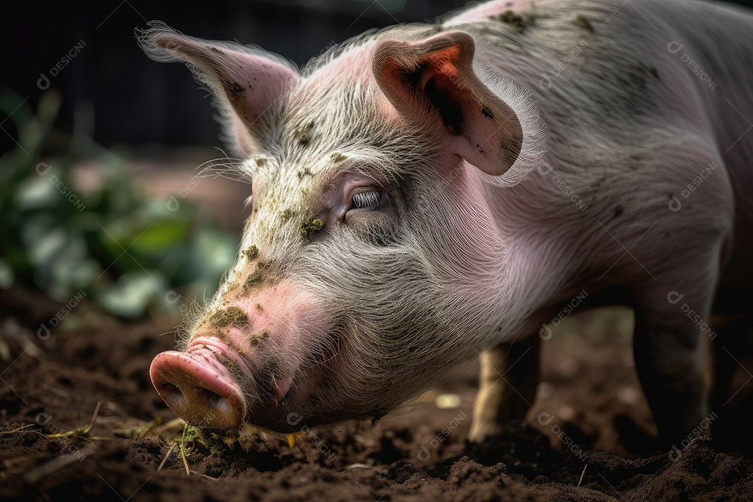 Um porco rosa gordo retratado em close desfrutando de uma suculenta