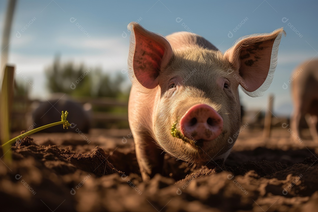 Um porco rosa gordo retratado em close desfrutando de uma suculenta